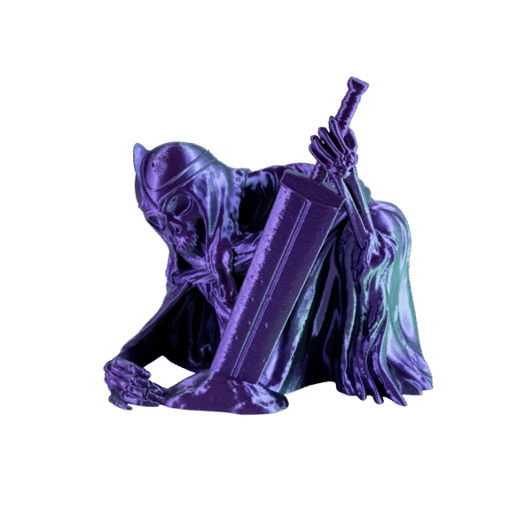 Wieża do kości szkielet Trupisław — widok od przodu, klęczący strażnik z mieczem, silk dichroic fioletowo-turkusowy