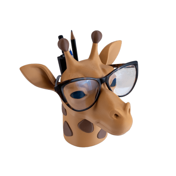 Stojak na okulary i długopisy: Żyrabiur z okularami i długopisami, widok z przodu