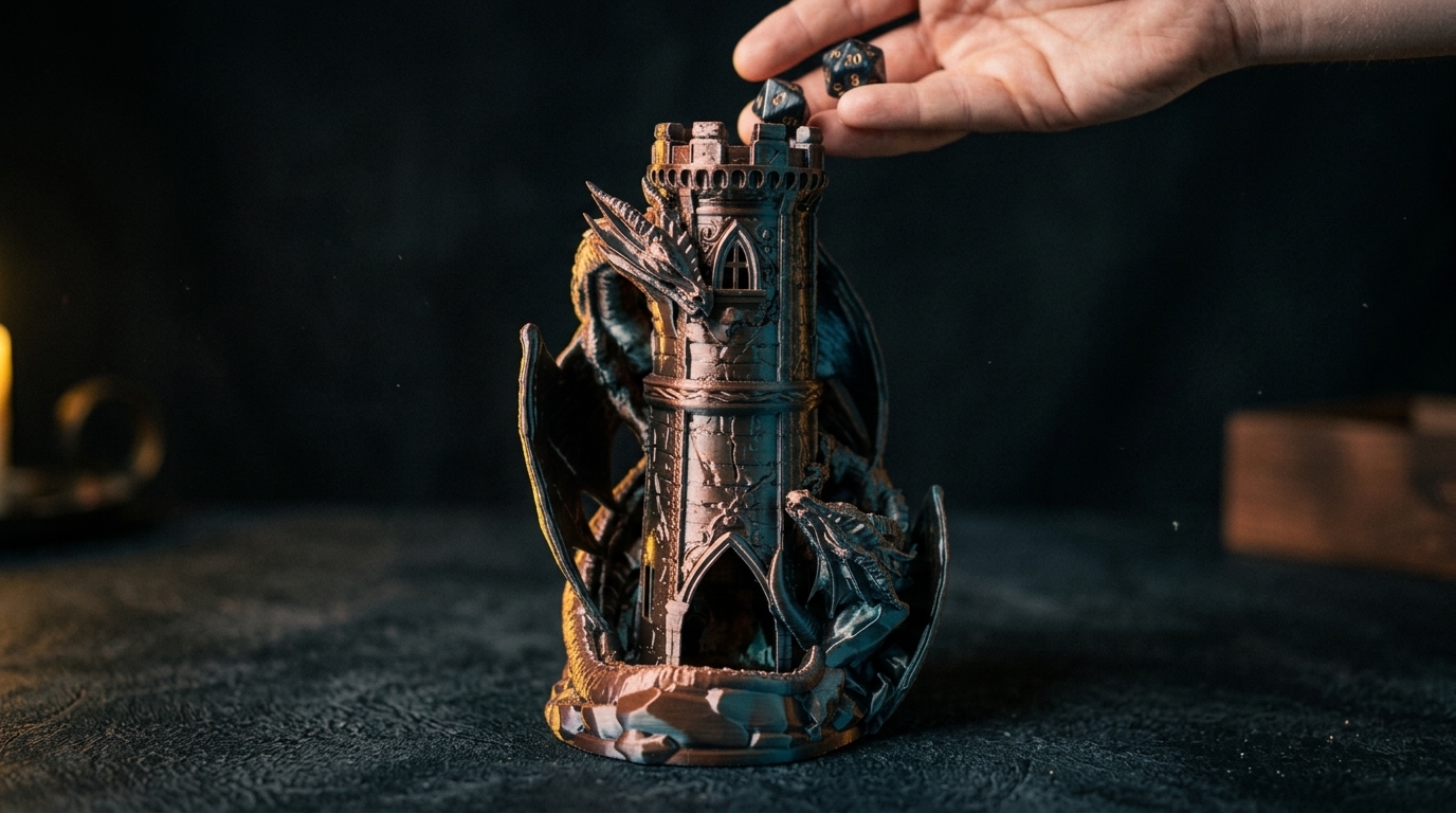 Prezenty dla gracza RPG — pomysły, które naprawdę doceni 2 Wieża do kości RPG Mordorag z druku 3D z wrzucaną kością, prezent dla gracza fabularnego